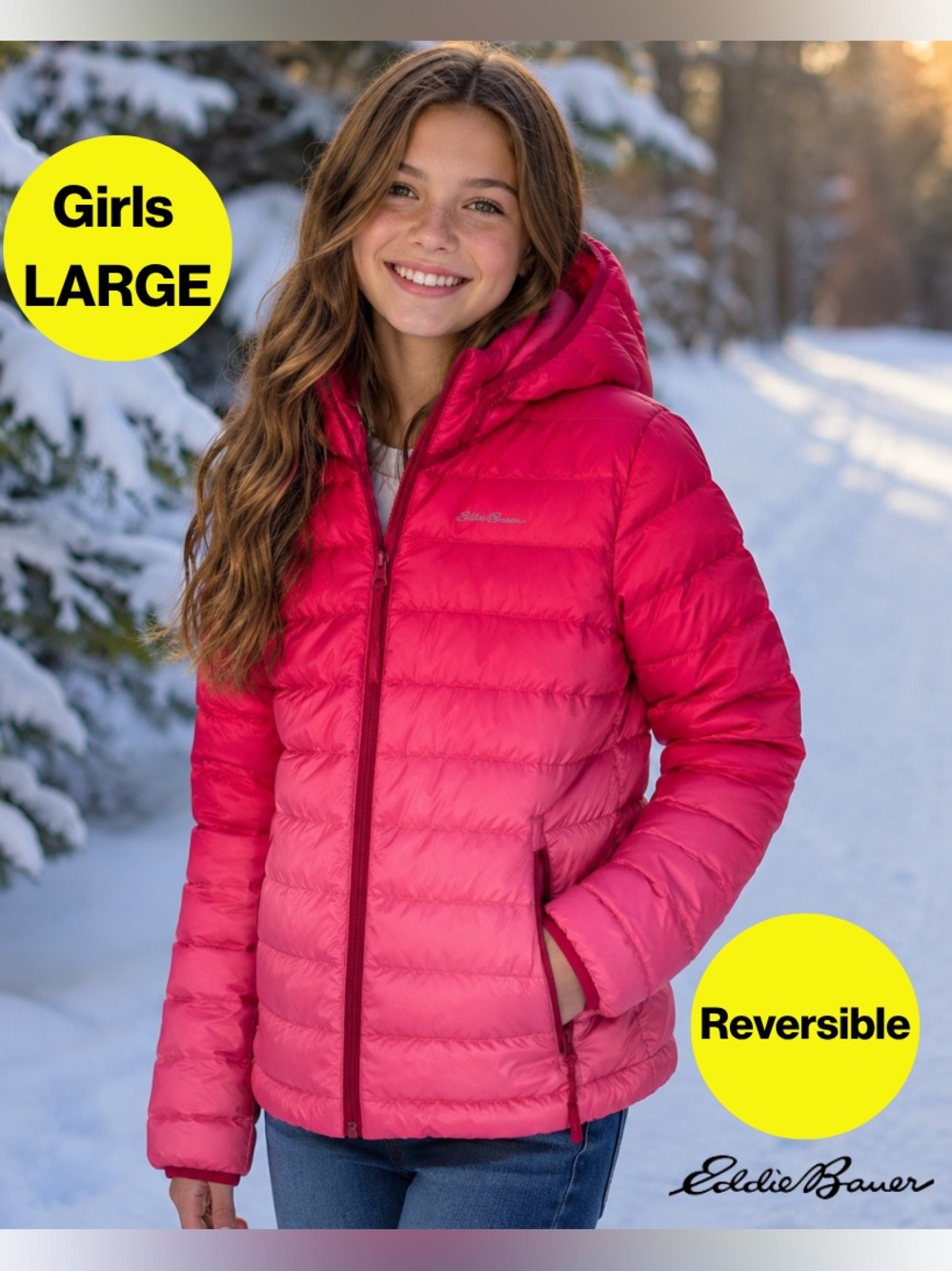 EDDIE BAUER 💖 Reversible Pink Ombré, Hooded PufferJacket (Kids Large - 14/16)